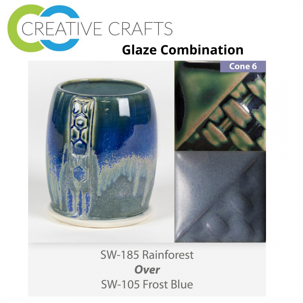 Rainforest SW185 over Frost Combination Glaze Blue Stoneware SW105